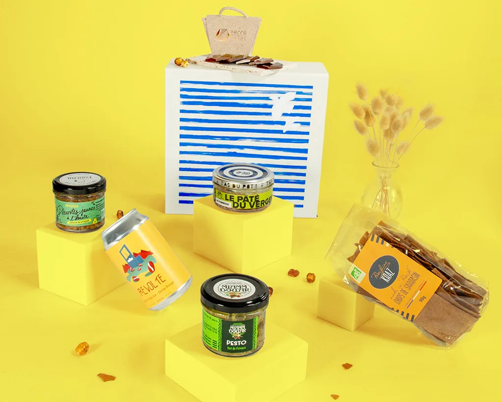 Coffret gourmand breton avec spécialités d’épicerie fine artisanale pour apéritif ou dégustation